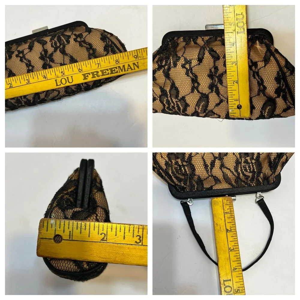 VTG Black Lace Overlay Gold Evening Clutch Handbag Elegant Metallic Kiss Clasp - Picture 11 of 16